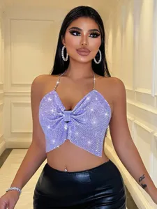 Top corto all'americana in strass viola scintillante schiena scoperta con fiocco