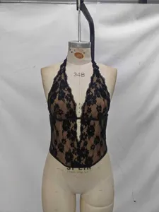 Detailed view of the black floral lace halter corset top, showing exquisite texture and bone support.