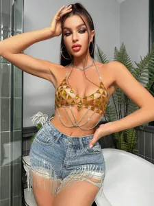 Sexy amber crystal triangle body chain top and rhinestone fringe denim shorts set.