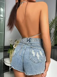 Sexy backless halter chain top and body chain detail shot for summer beach and club wear.