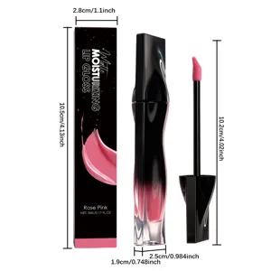 Detail view showing matte moisturizing lip gloss dimensions, applicator brush and box.