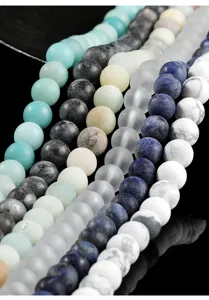 Detailed macro view of multi-colored frosted natural stone beads for DIY jewelry.