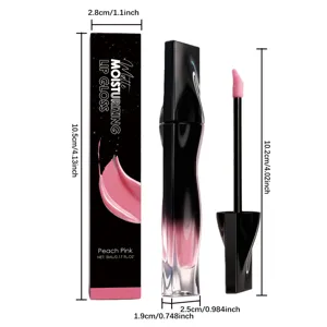Matte moisturizing lip gloss in peach pink color with smooth applicator and box packaging.