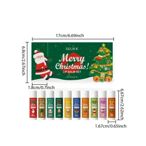 Detailed view showing the 17cm Christmas lip balm gift box and 10 portable 5g tubes.