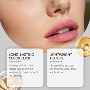 Peach pink matte moisturizing lip glaze detail view, lightweight texture and long lasting color.
