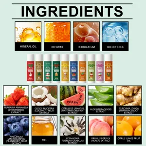 EELHOE Christmas lip balm set ingredient detail infographic showing natural fruit extracts and oils.
