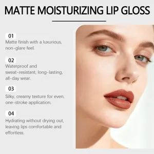 Matte moisturizing lip gloss with waterproof formula, long-lasting creamy texture for lips.