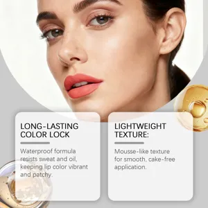 Matte moisturizing lip glaze with lightweight mousse texture, waterproof and long-lasting color.