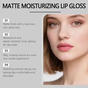Matte moisturizing lip gloss with long-lasting waterproof formula and smooth texture.