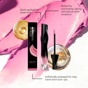 Matte peach pink lip gloss detail shot, showing smooth texture, sleek bottle and soft applicator.
