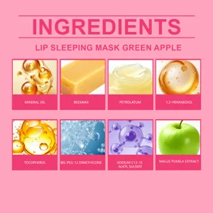 Gráfico detallado de ingredientes de mascarilla labial con aceite mineral y cera de abejas.