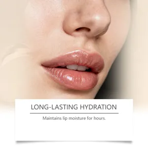 Close-up detail of glossy hydrating lip gloss, showing long-lasting moisture and plump lips.