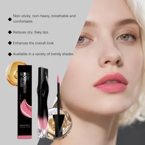 Matte moisturizing lip gloss in peach pink, providing smooth and natural matte lip makeup.