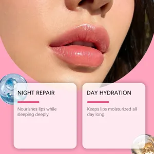 Detalle de mascarilla labial que muestra hidratación de día y noche y efecto reparador.