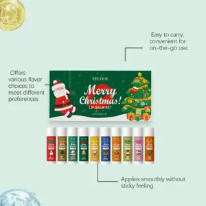 Detailed view of Christmas lip balm set featuring assorted fruit flavors and smooth texture.