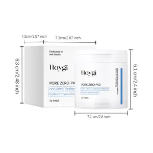 Detail view of HOYGI pore zero toner pads jar and packaging box with dimension labels.