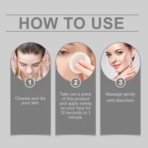 Step-by-step usage guide for facial skincare pads, showing clean, apply, and massage instructions.