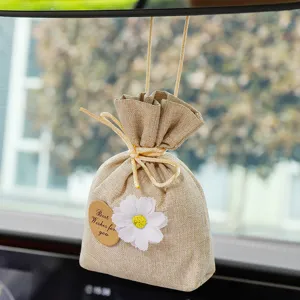 Linen car aromatherapy sachet hanging bag with daisy decor and blessing tag for fresh air.