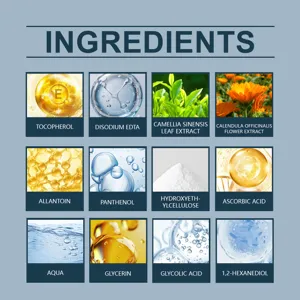 Detailed infographic displaying active skincare ingredients and extracts for clear cosmetic product info.