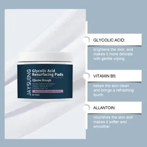 Detailed view of JAYSUING glycolic acid resurfacing pads jar with soothing ingredient callouts.