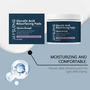 Detail view of glycolic acid resurfacing pads jar and packaging with active skincare ingredients.