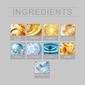 Gráfico de detalle de la lista de ingredientes para productos de cuidado facial y piel.