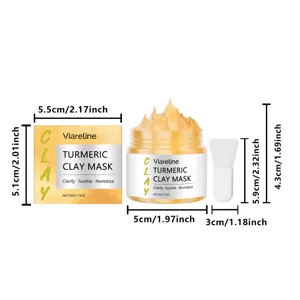 Vista detallada del tarro de mascarilla de arcilla de curcuma, caja, espátula y dimensiones exactas.