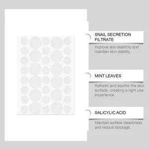 Hydrokolloid Akne Pflaster Detailblatt mit Schneckensekret und Salizylsäure Inhaltsstoffen.