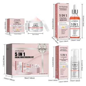 Detailed product size and dimension chart for 5-in-1 facial skincare set bottles.