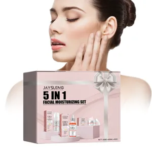Detail view of Jaysuing 5 in 1 facial moisturizing skincare gift set packaging and bottles.