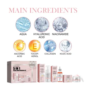 Jaysuing 5-in-1 facial skincare set main ingredients like hyaluronic acid and vitamin C.