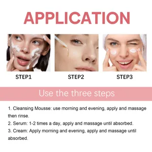 Skincare application guide showing 3 easy steps for facial cleansing mousse, serum and cream.