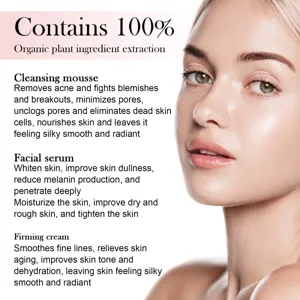 Close-up detail showcasing facial skin care product benefits, mousse, serum, and firming cream.
