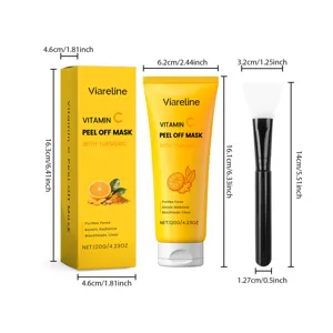 Vue détaillée du set de masque peel-off au curcuma vitamine c avec dimensions et pinceau.