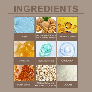 Detailed view of natural cosmetic scrub ingredients like walnut shell powder and honey extract.