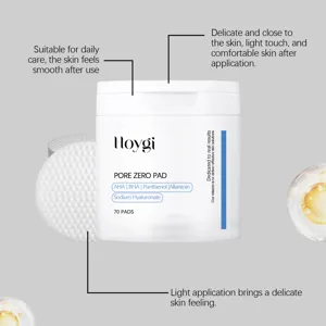 HOYGI pore zero pad detail shot showing 70 exfoliating toner pads with AHA and BHA ingredients.
