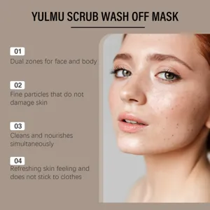 Detail shot of facial scrub mask features showing skin benefits and smooth texture for daily care.
