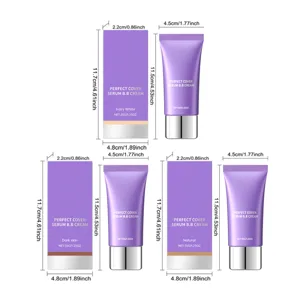 Detailed product dimensions and packaging display for moisturizing BB cream series tubes.