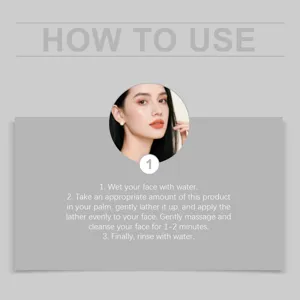 Facial cleansing gel usage instruction detail view, showing step-by-step foaming guide.