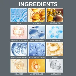 Detalle de ingredientes para el cuidado de la piel con fórmulas activas y colágeno.