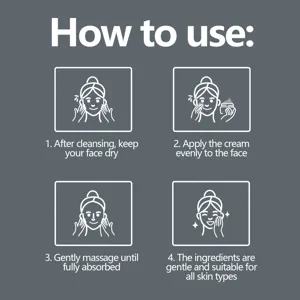 Gráfico de instrucciones de uso de crema facial paso a paso para rutina de cuidado diario.