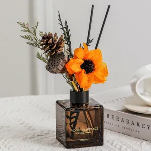 Duftdiffusor Set mit Trockenblumen und Glasflasche für Raumduft und Dekoration im Wohnzimmer.