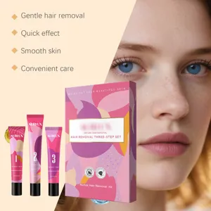 Facial hair removal three-step set detail view, showing pink packaging and three tubes clearly.