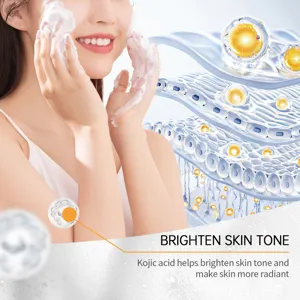 Vue détaillée de mousse nettoyante visage montrant l'effet éclaircissant de l'acide kojique.