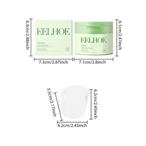 EELHOE toner pads gedetailleerde afmetingen van doos en pot voor een helder overzicht.