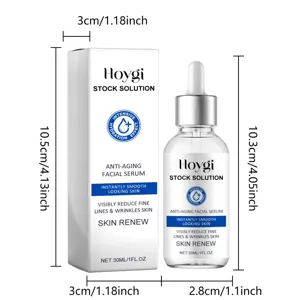 Vista dettagliata del siero viso antirughe Hoygi con dimensioni esatte di flacone e scatola.