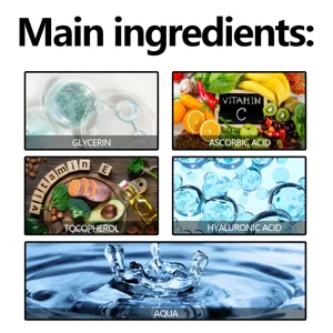 Dettaglio dei principali ingredienti del siero viso con glicerina, vitamina C e acido.