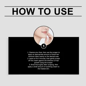 Detail d'utilisation de la creme depilatoire faciale montrant les etapes claires.
