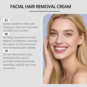 Détail de crème dépilatoire pour le visage avec soin quotidien doux et ingrédients apaisants.