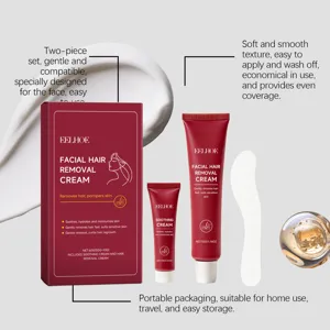 Détail du set de crème épilatoire visage, formule apaisante et texture douce pour une peau lisse.